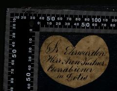 - (Rabbi Aaron Kutna), Von Hand: Besitzwechsel: Schenkung; '?? Ehrwürden Herr Aron Kutna Oberrabbiner in Dotis'. 