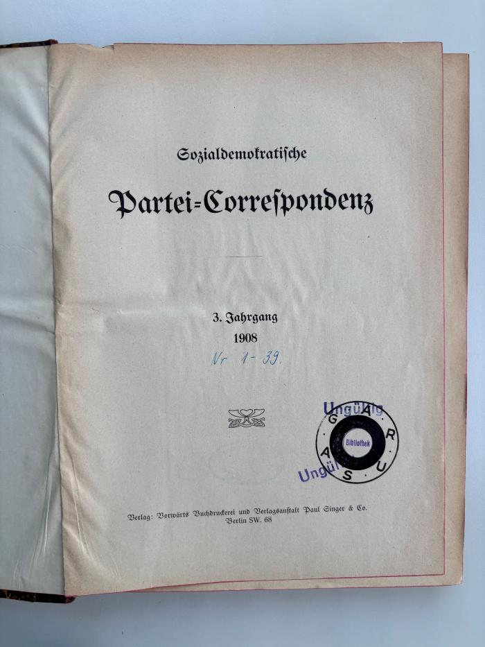SH 3271-3 : Sozialdemokratische Partei=Correspondenz (1908)
