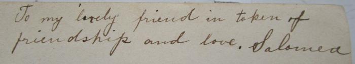 III 75330 4.Ex.: Little Lord Fauntleroy (1887);- ([?], Salomea;Lubliner, Rosa), Von Hand: Widmung, Name; 'To my lovely friend in token of friendship and love. Salomea'. 