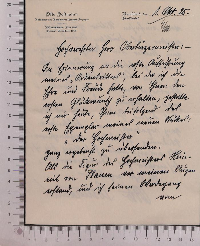 - (Sostmann, Otto), Von Hand: Notiz; 'Brief des Autors'. 