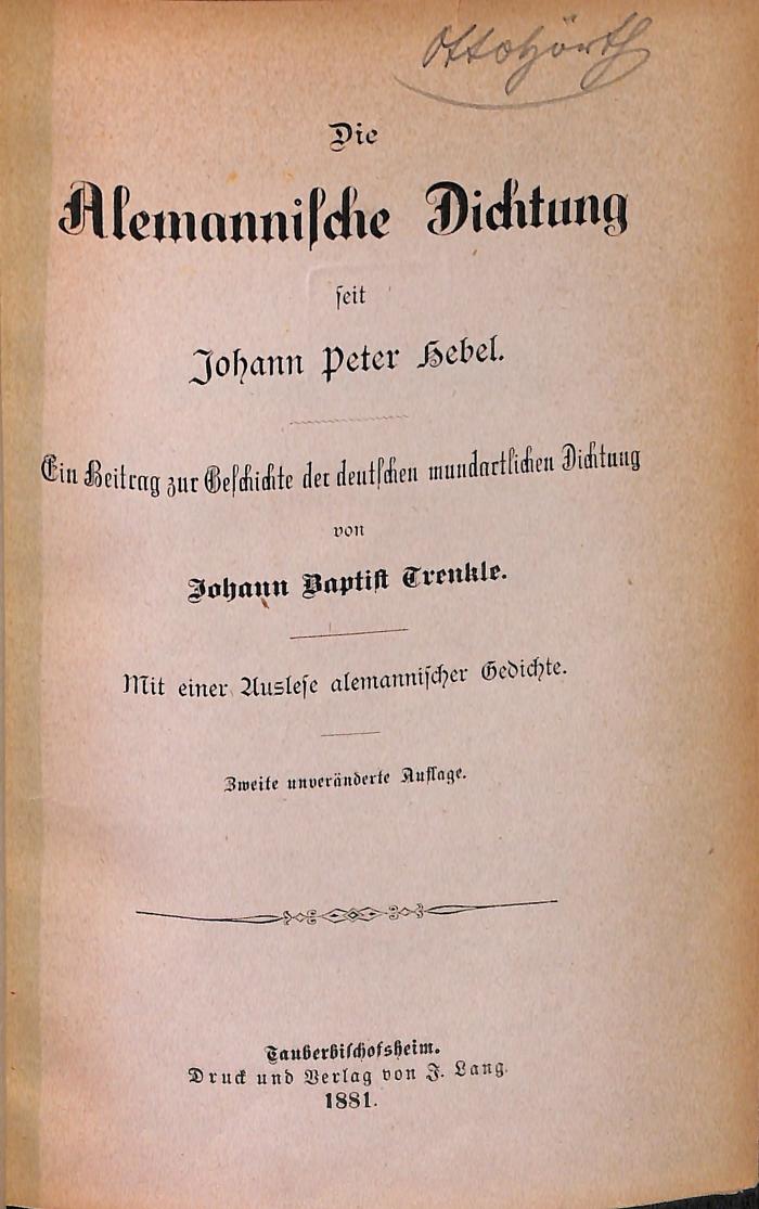 DLIT8780 : &lt;&gt; alemannische Dichtung seit Johann Peter Hebel (1881)