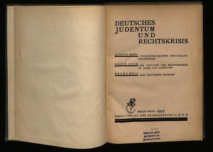 JUD II D 1695 : Deutsches Judentum und Rechtskrisis
 (1927)