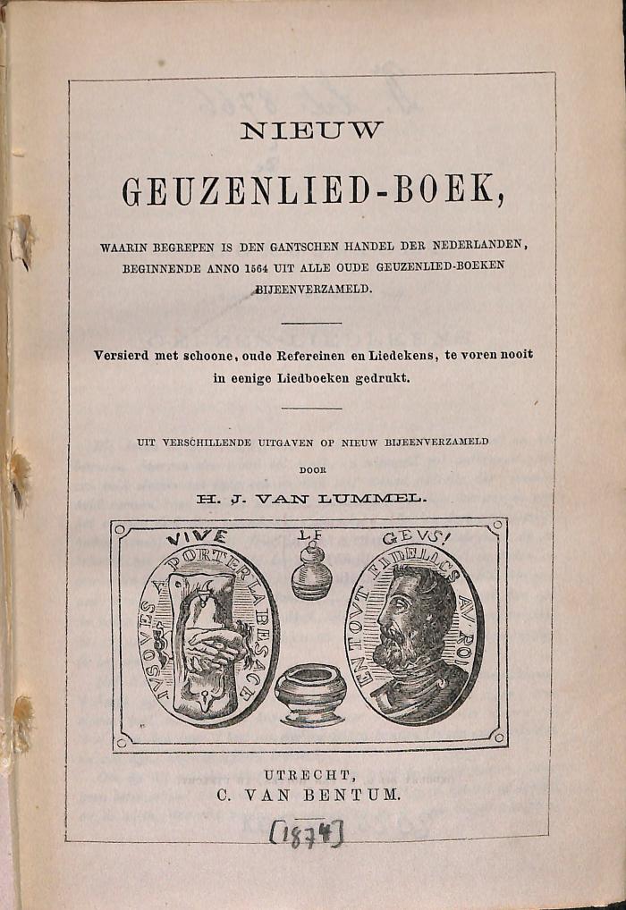 DLIT8766 : Nieuw Geuzenlied - Boek, warin begrepen is den gantschen handel der Nederlanden, beginnende anno 1564 uit alle oude Geuzenlied-boeken bijeenverzameld ... ([1874])