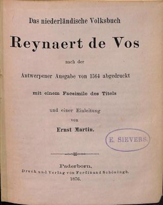 DLIT8765 : &lt;&gt; niederländische Volksbuch Reynaert de Vos (1876)