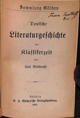 DLIT8960 : Deutsche Literaturgeschichte der Klassikerzeit (1902)