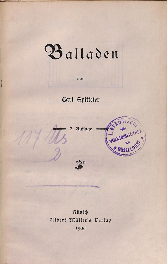 - (Städtische Volksbibliothek Düsseldorf), Stempel: ; '1. Städtische Volksbibliothek zu Düsseldorf'.  (Prototyp)