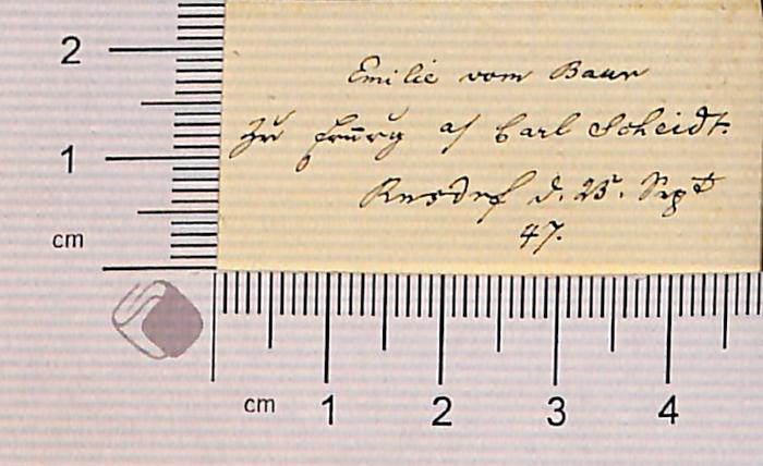 - (Baur[?], Emilie ;Scheidt, Karl), Von Hand: Widmung; 'Emilie vom Baur[?] zur Erinnerung an Carl Scheidt. Ronsdorf  d. 23. Sept. 47'. 
