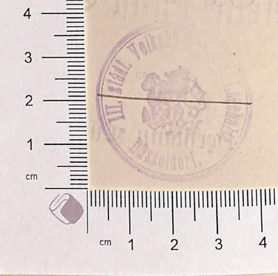 - (Volksbüchereien Düsseldorf. Bücherei Oberbilk;Städtische Bücher- und Lesehalle (Düsseldorf, 1)), Stempel: ; ' III. Städt. Volksbücherei u. Lesehalle Düsseldorf'.  (Prototyp)