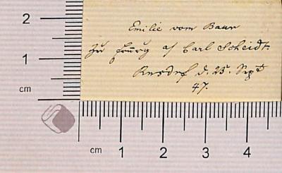 - (Baur[?], Emilie ;Scheidt, Karl), Von Hand: Widmung; 'Emilie vom Baur[?] zur Erinnerung an Carl Scheidt. Ronsdorf  d. 23. Sept. 47'. 
