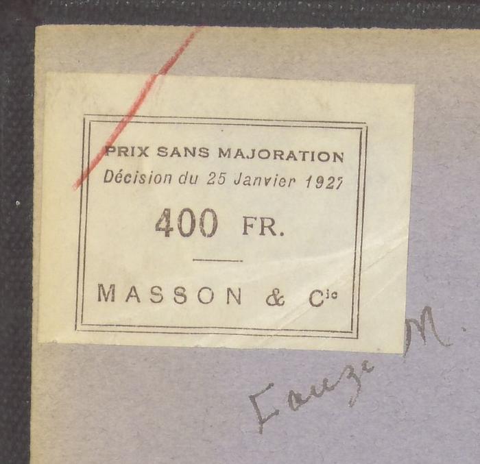 -, Etikett: Buchhändler; 'PRIX SANS MAJORATION 
Décision du 25 Janiver 1927
400 FR. 
MASSON 6 Cic'