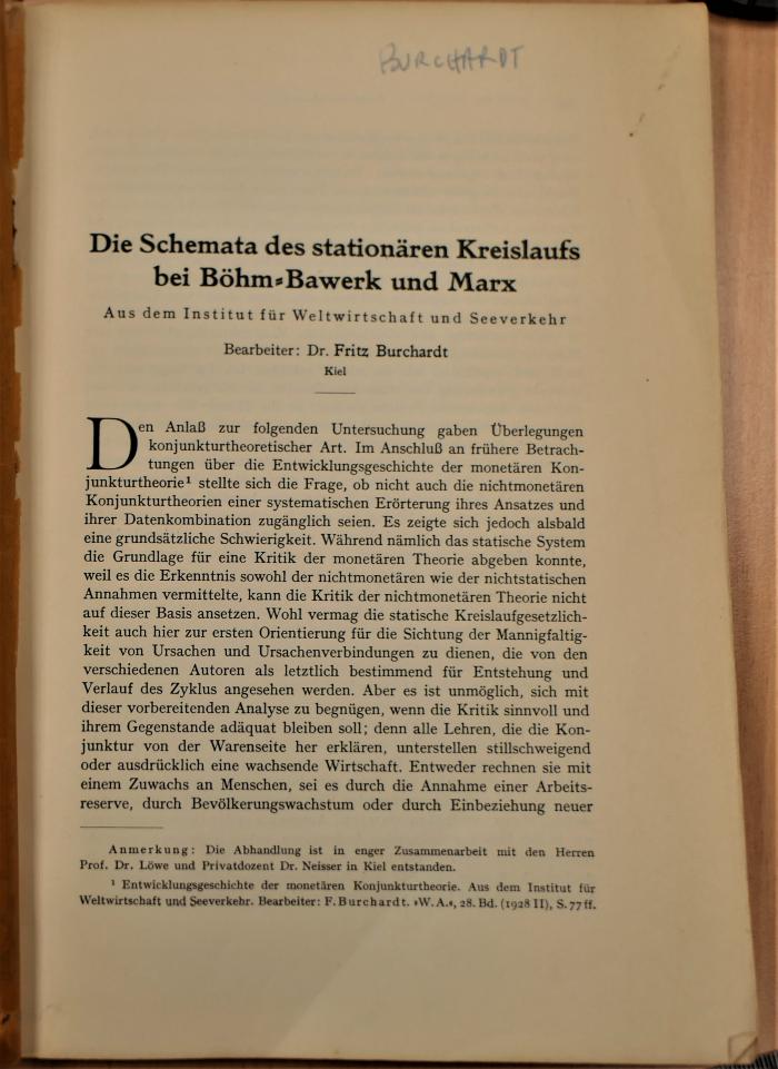 H vwl181 burc [Raum 9] : Die Schemata des stationären Kreislaufs bei Böhm-Bawerk und Marx (1932)