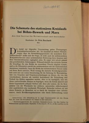 H vwl181 burc [Raum 9] : Die Schemata des stationären Kreislaufs bei Böhm-Bawerk und Marx (1932)
