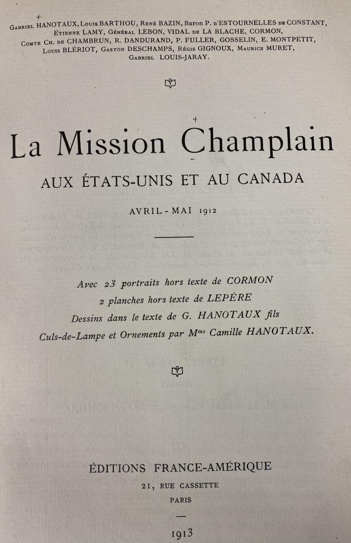Q 00/1985 : La mission Champlain aux États-Unis et au Canada avril-mai 1912 (1913)