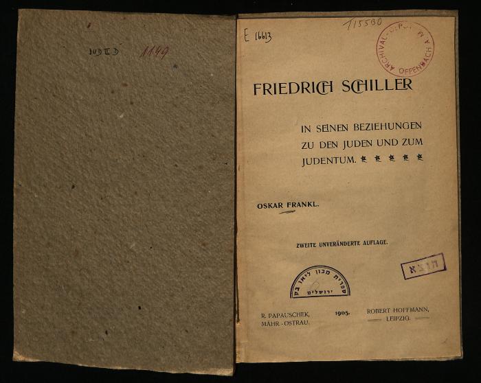 JUD II D 1149 : Friedrich Schiller in seinen Beziehungen zu den Juden und zum Judentum (1905)