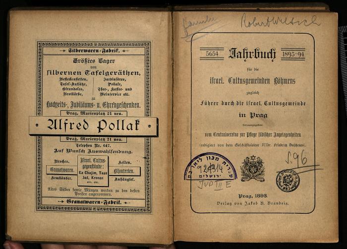 JUD III E 92 314 A : Jahrbuch für die israelitischen Cultusgemeinden Böhmens zugleich Führer durch die israelitische Cultusgemeinde in Prag (1893-94)