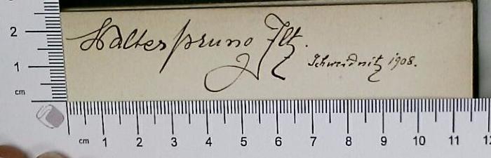 - (Pruno, Walter), Von Hand: Autogramm; 'Walter Pruno [ein unleserliches Wort), Schweidnitz'.  (Prototyp)