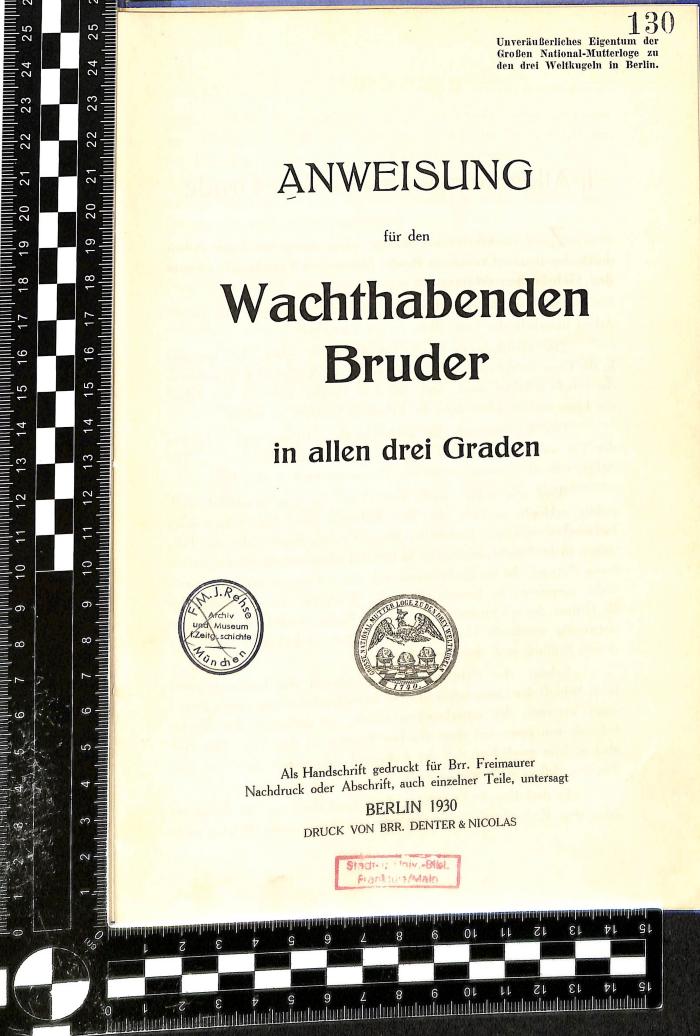 Q 00/759 : Anweisung für den Wachthabenden Bruder in allen drei Graden (1930)