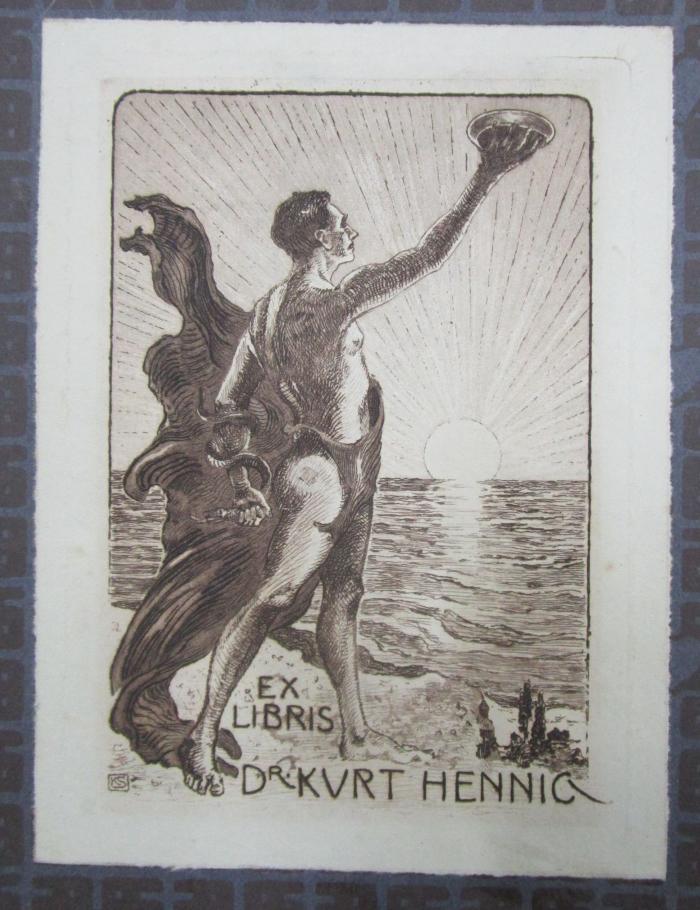 Kl 602 f: Kurzes Lehrbuch der Gynäkologie (1917);- (Hennig, Kurt), Etikett: Exlibris, Abbildung, Berufsangabe/Titel/Branche, Name, Initiale; 'Dr Kurt Hennig
KS'.  (Prototyp)