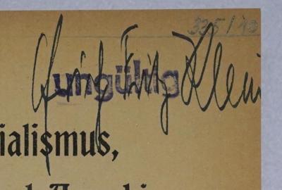 Bb 105&lt;3&gt; : Über Sozialismus, Kommunismus und Anarchismus (1920);- (Klein, Erich Fritz), Von Hand: Autogramm, Name; 'Erich Fritz Klein'. 