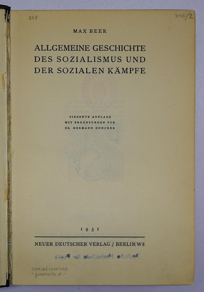 Bb 106&lt;7&gt; : Allgemeine Geschichte des Sozialismus und der sozialen Kämpfe (1931)