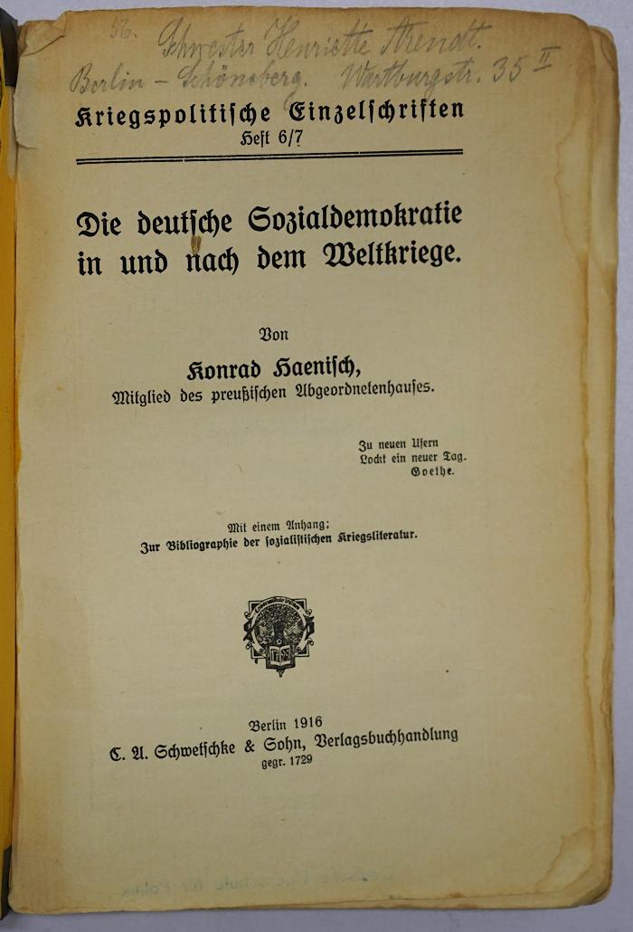 Bb 296 : Die deutsche Sozialdemokratie in und nach dem Weltkriege. (1916)