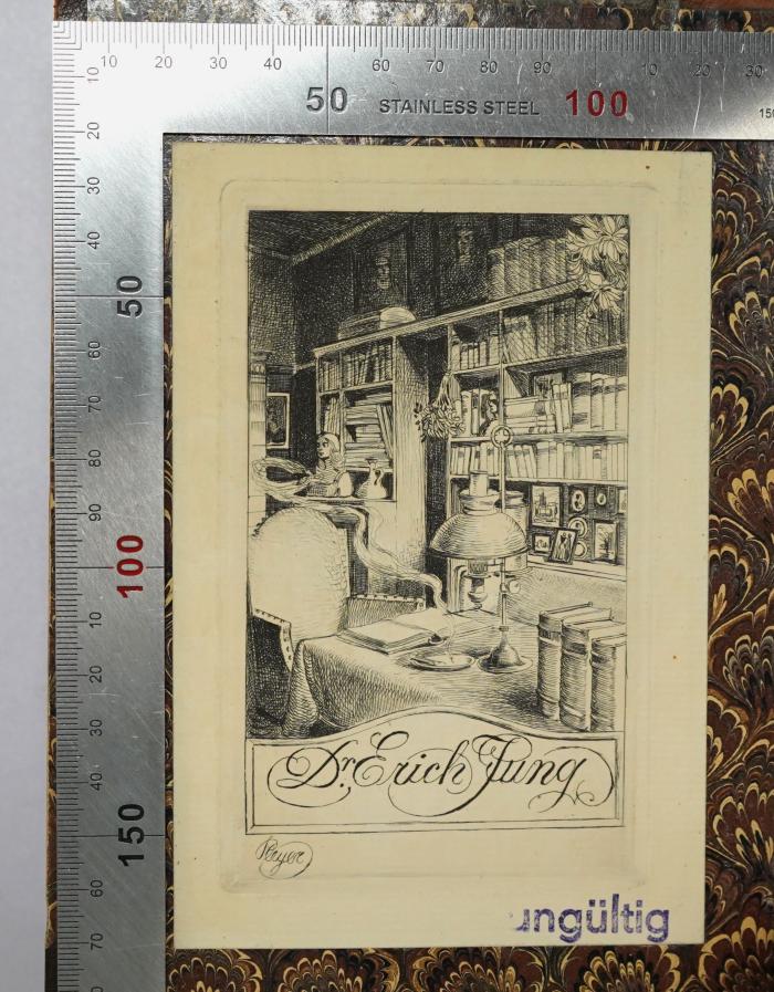 - (Jung, Erich), Etikett: Berufsangabe/Titel/Branche, Name, Exlibris, Abbildung; 'Dr. Erich Jung
Pleyer'.  (Prototyp);Bb 336-1 bis -3 : Gesammelte Kleine Schriften, 1. bis 3. Band
 (1879)