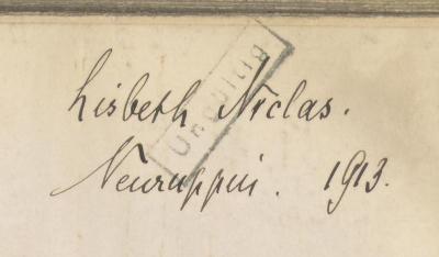 - ( Niclas, Lisbeth), Von Hand: Name; ' Lisbeth Niclas. Neuruppin.1913. '. 