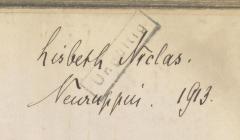 - ( Niclas, Lisbeth), Von Hand: Name; ' Lisbeth Niclas. Neuruppin.1913. '. 