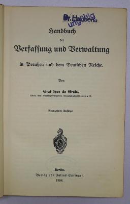 Bb 480&lt;19&gt; : Handbuch der Verfassung und Verwaltung in Preußen und dem Deutschen Reiche (1908)