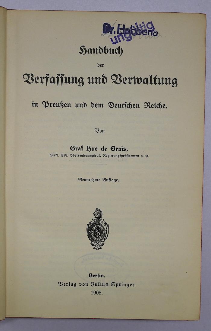 Bb 480&lt;19&gt; : Handbuch der Verfassung und Verwaltung in Preußen und dem Deutschen Reiche (1908)