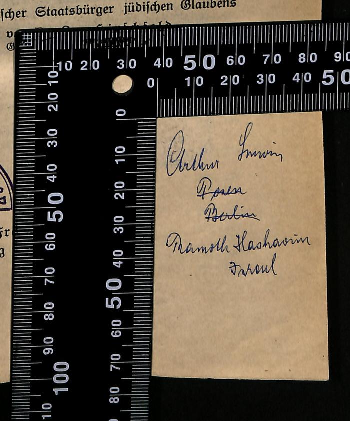 -, Von Hand: Besitzwechsel: Schenkung; 'Arthur Lewin Posen Berlin Ramoth Hashavim Israel'
