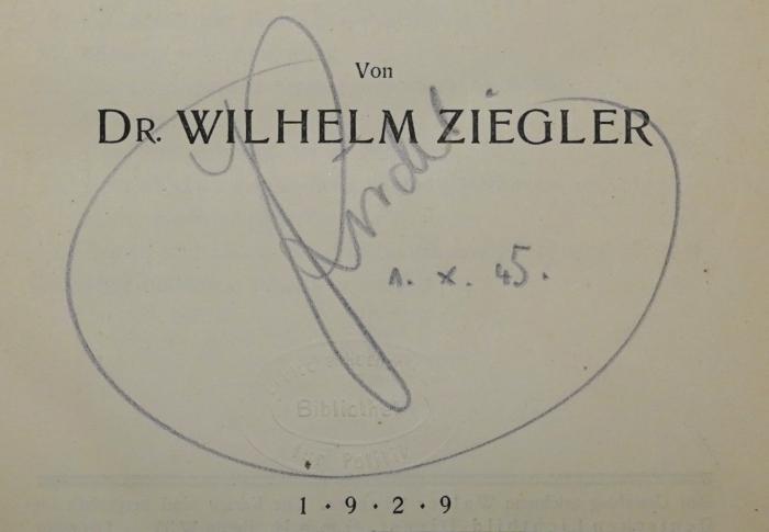 Bb 412&lt;2&gt; : Einführung in die Politik (1929);-, Von Hand: Autogramm, Name, Datum; '[Pindel,] 1.X.45.'