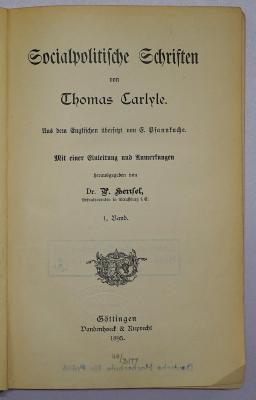 Bb 595-1 bis -3 : Socialpolitische Schriften von Thomas Carlyle. 1. bis 3. Band (1895, 1896, 1899)