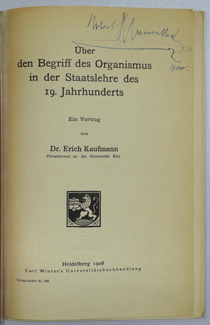 Bb 529 : Über den Begriff des Organismus in der Staatslehre des 19. Jahrhunderts (1908)