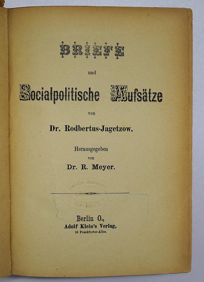 Bb 568-1 : Briefe und Socialpolitische Aufsätze von Dr. Rodbertus-Jagetzow, 1 (1880)