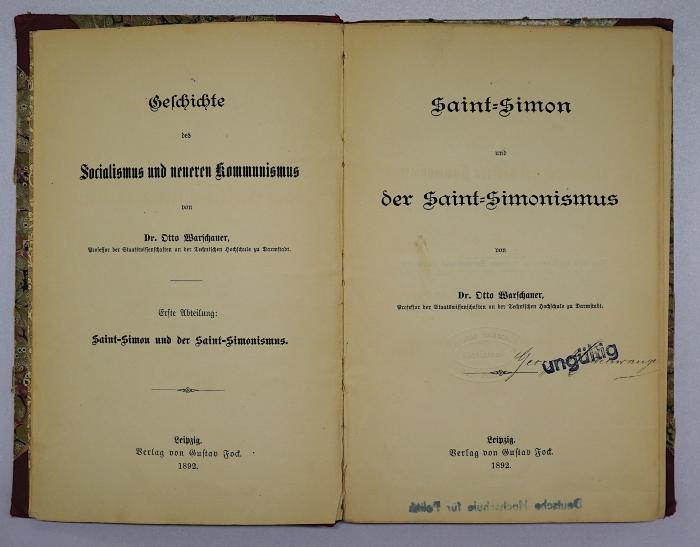 Bb 599-1 : Geschichte des Socialismus und neueren Kommunismus. 1. Abt., Saint-Simon und der Saint-Simonismus (1892)