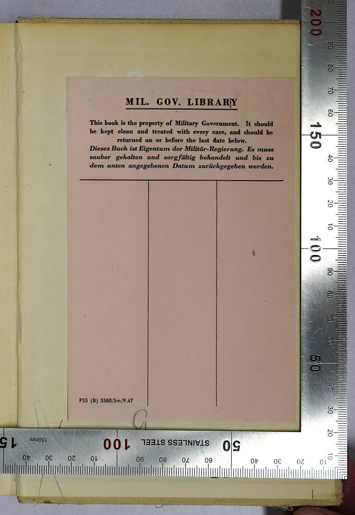 Bb 583 : Europäische Revolution (1945);- (P.O.W. Camp Great Britain), Etikett: Berufsangabe/Titel/Branche; 'Mil. Gov. Library This book is the property of Military Government. It should be kept clean and treated with every care, and should be returned on or before the last date below. Dieses Buch ist Eigentum der Militär-Regierung. Es muss sauber gehalten und sorgfältig behandelt und bis zu dem unten angegebenen Datum zurückgegeben werden.'.  (Prototyp)
