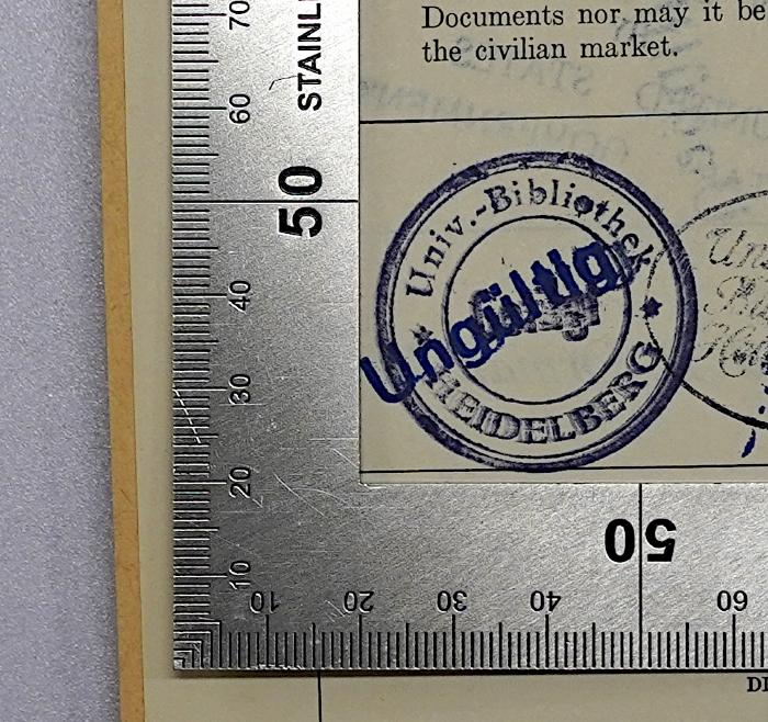 Bb 661a : Essentials of American government (1944);- (Universitätsbibliothek Heidelberg), Stempel: Berufsangabe/Titel/Branche, Name, Ortsangabe; 'Univ.-Bibliothek Heidelberg getilgt'. 