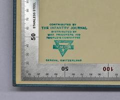 - (YMCA), Stempel: Name, Ortsangabe, Zeichen; 'Contributed By The Infantry Journal  Distributed By War Prisoners AID World's Committee YMCA Geneva, Switzerland'. 