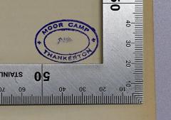 - (P.O.W. Camp Great Britain), Stempel: Berufsangabe/Titel/Branche, Name, Ortsangabe; 'Moor Camp Thankerton'. 