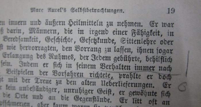 Hk 479 2.Ex.: Des Kaisers Marcus Aurelius Antonius Selbstbetrachtungen : Neue Uebersetzung mit Einleitung und Anmerkungen (1918);- (unbekannt), Von Hand: Annotation. 