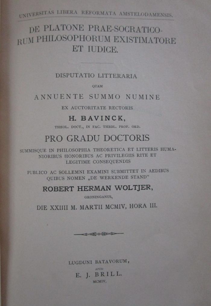 Hk 450 1: De Platone prae-Socraticorum philosophorum existimatore et iudice : disputatio litteratia (1904)
