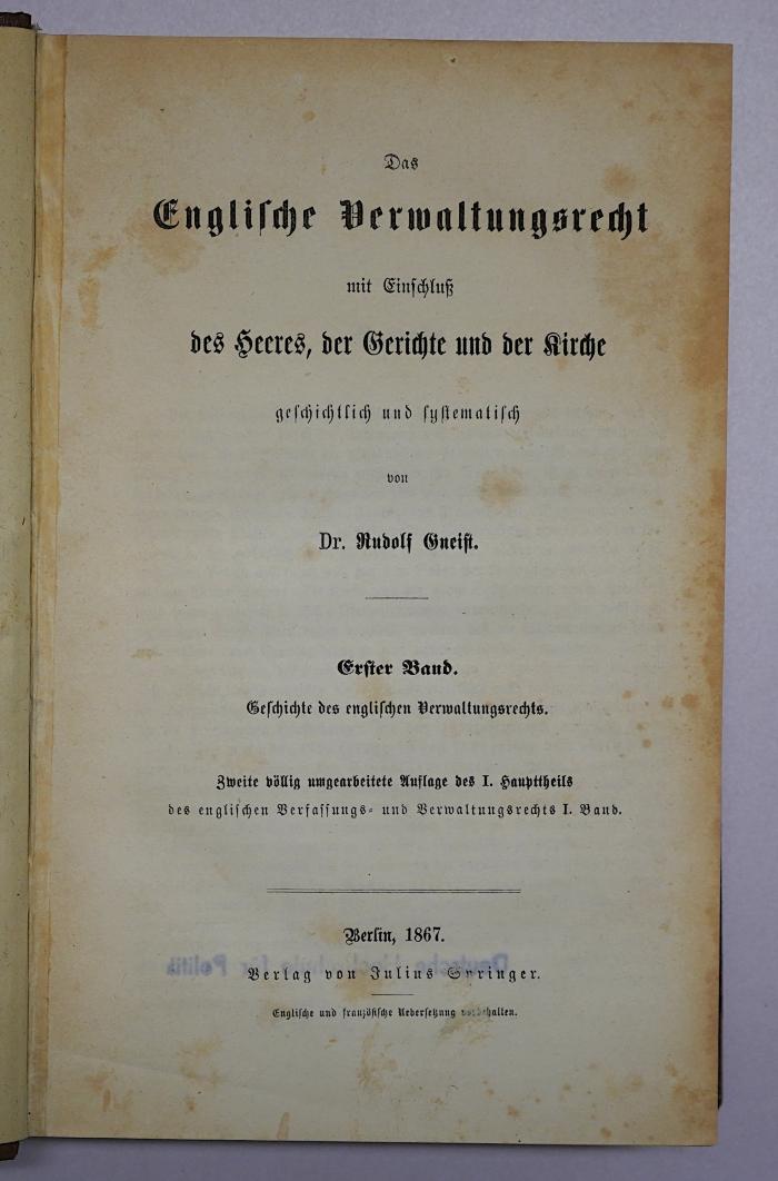 Bb 714_2-1 und 2 : Das heutige englische Verfassungs- und Verwaltungsrecht. Band 1 und 2. (1857)