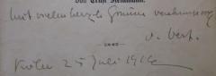 - (unbekannt;Steinmann, Ernst), Von Hand: Widmung, Autor, Datum, Ortsangabe; 'Mit vielen herzl. Grüssen verehrungsvoll v. Verf. Berlin 25 Juli 1914.'. 