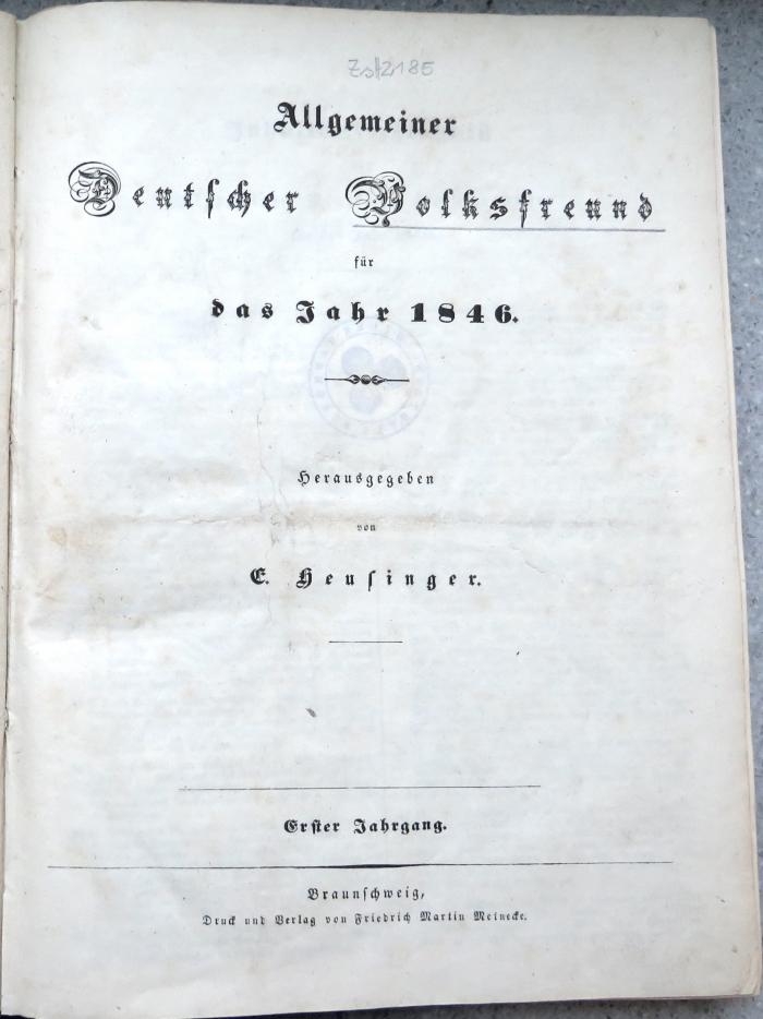 ZsH 2185 : Allgemeiner deutscher Volksfreund 1.1846. (1846)