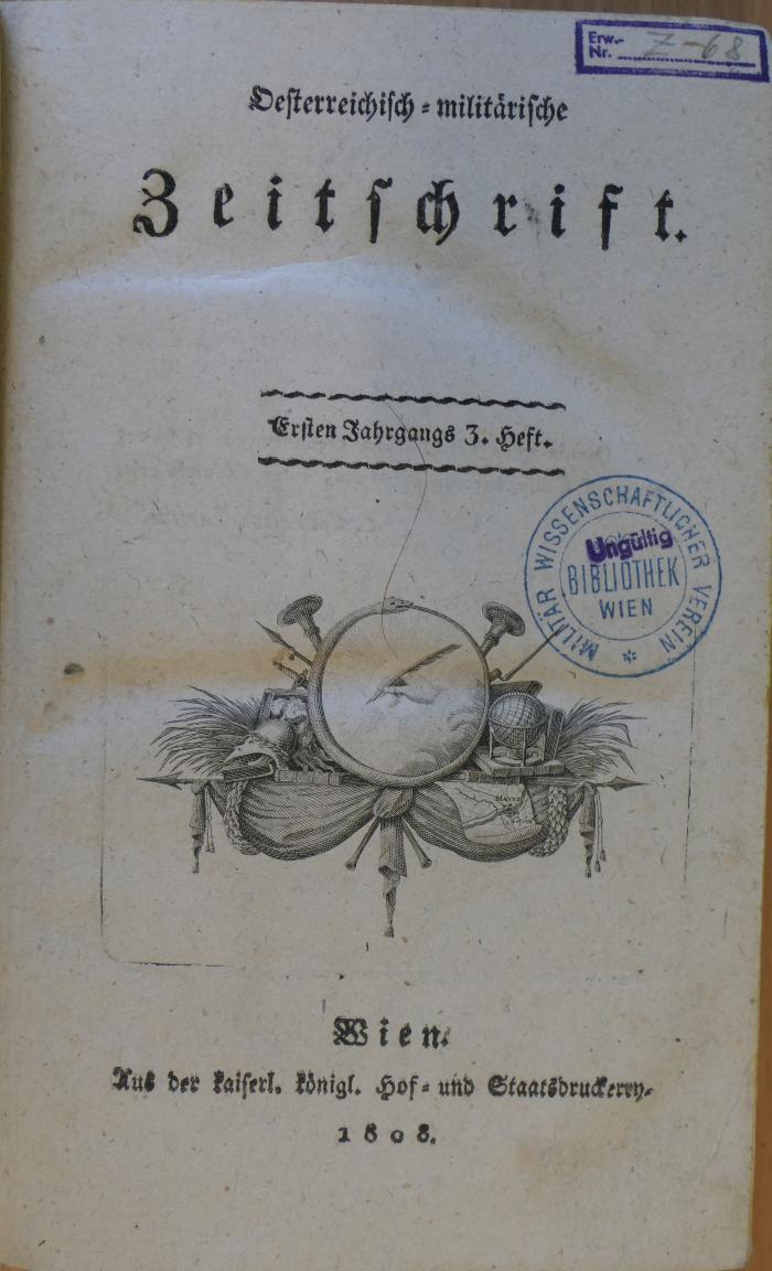 Z 68 : Oesterreichisch-militärische Zeitschrift. - 1,2 (1808), Heft 3-4 (1808)