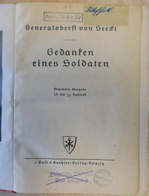4479 : Generaloberst von Seeckt - Gedanken eines Soldaten  (1929)