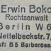 G45II / 1352 (Bokofzer, Erwin), Stempel: Name, Ortsangabe, Berufsangabe/Titel/Branche; 'Dr. Erwin Bokofzer
Rechtsanwalt 
Berlin W 62
Nettelbeckstraße 7/8
Fernruf: B 5 Barbarossa 5225'.  (Prototyp)