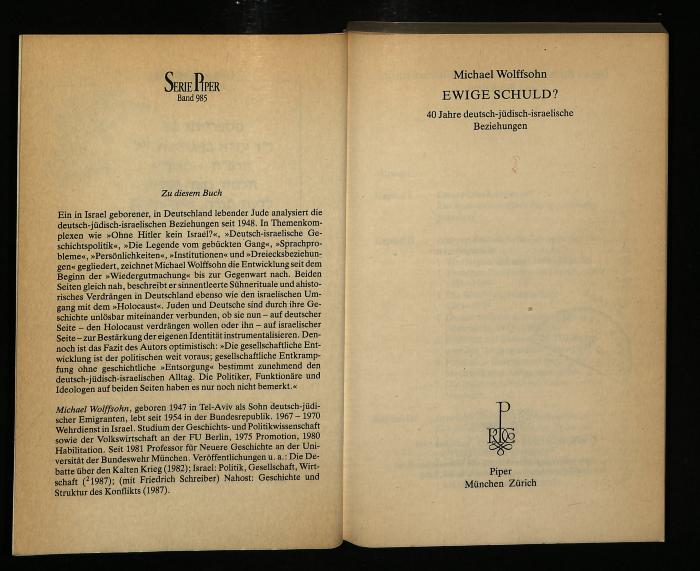 JUD II D 07 134 : Ewige Schuld? 40 Jahre deutsch-jüdisch-israelische Beziehungen (1988)