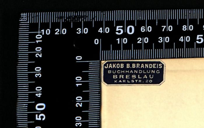 -, Von Hand: Name; 'JAKOB B. BRANDEIS
BUCHHANDLUNG
BRESLAU
KARLSTR. 20'